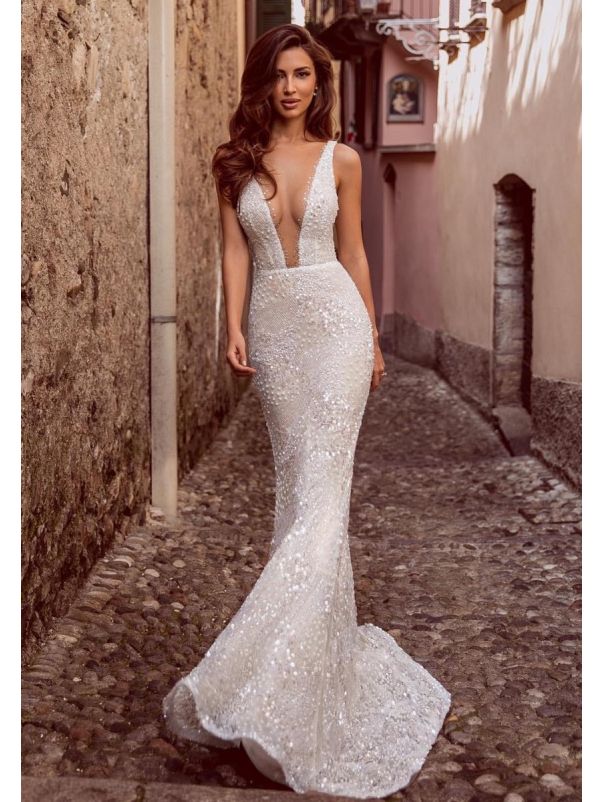 Heavily Beaded Wedding Dress With Plunging Back