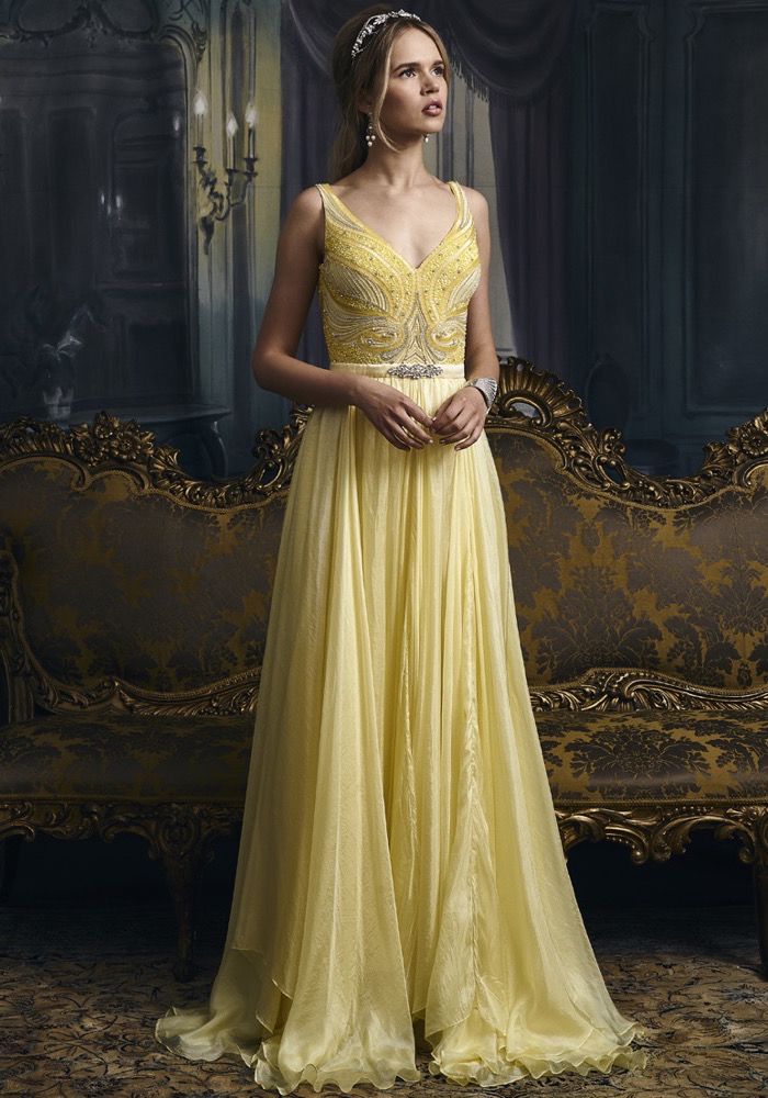 Buy Yellow Chiffon Embroidered Gota Patti Notched Zardosi Dress For Women  by Samyukta Singhania Online at Aza Fashions.