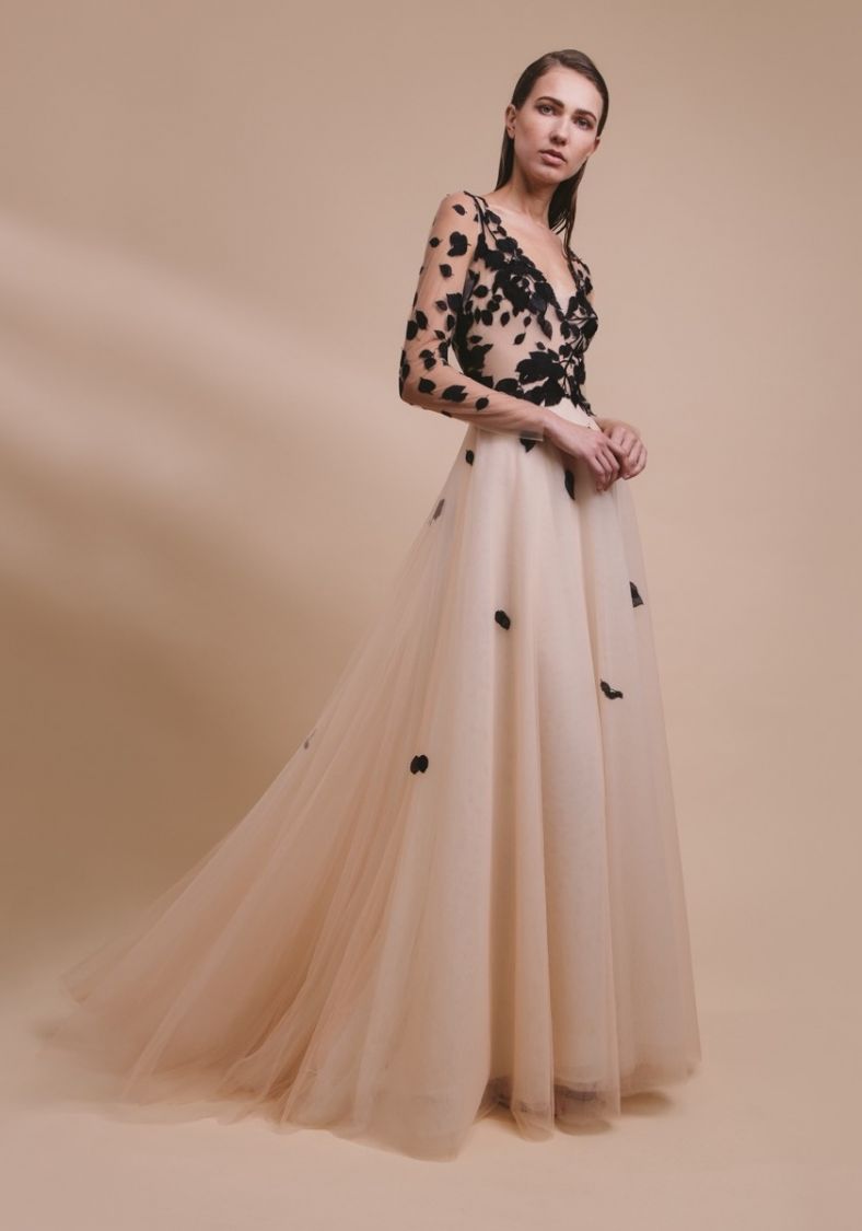 Long Sleeve Embroidered Tulle Gown