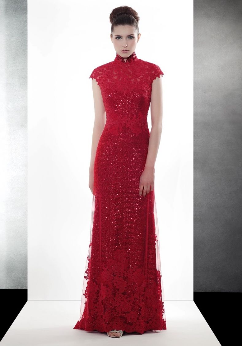 【テレビで話題】 紅色珠片旗袍香港| Embroidered HK Cheongsam Sequined Red フラワー・リース