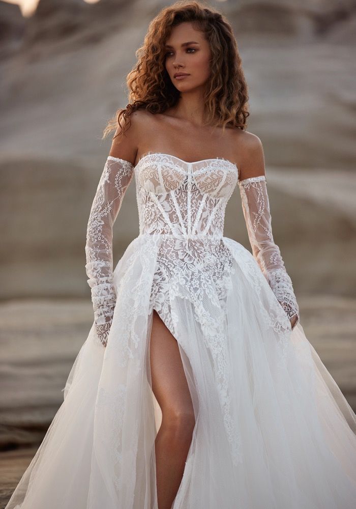 knee length dresses for ladies Pearly Top Strapless Princess Wedding Gown with Veil – HAREM's Brides main image 0