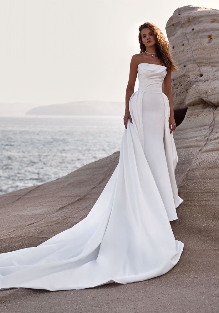 Strapless draped satin-crepe gown