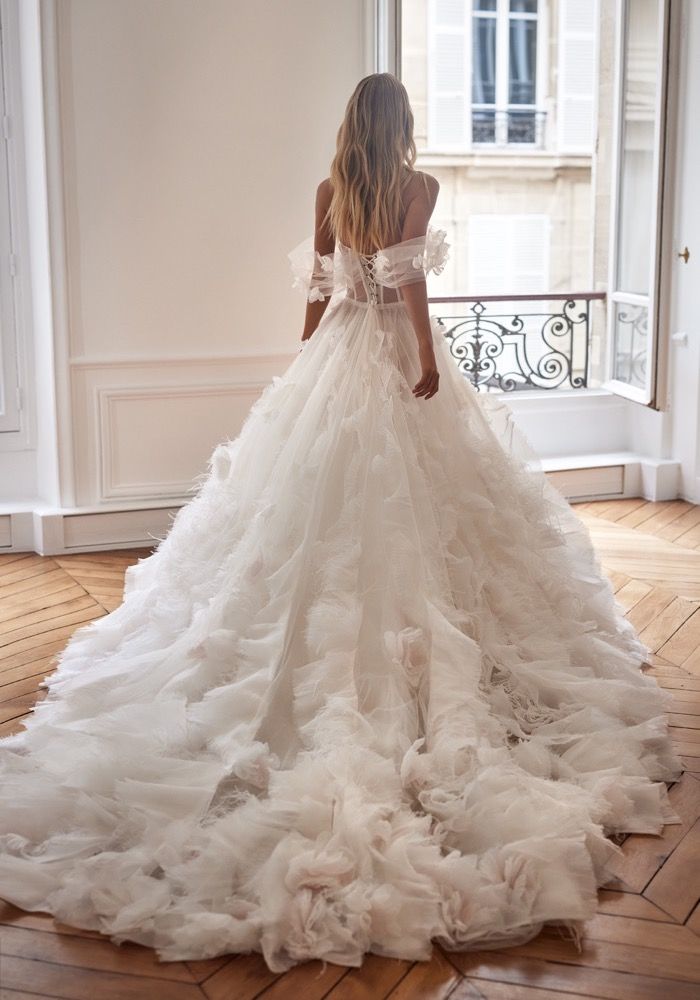 Draped ruffle and lace gown outlet