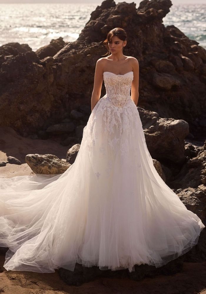 embroidered corset wedding dresses Fairy Lace Spaghetti Straps Sheer Corset Bridal Dress