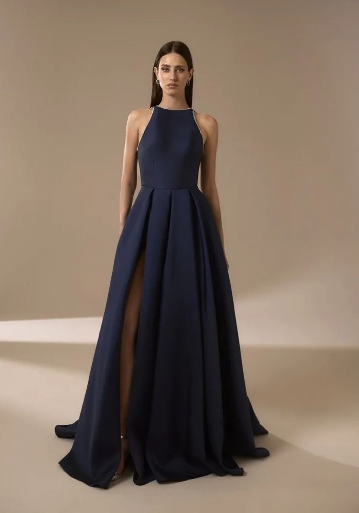 NICOLE white ネイビー ロングドレス Nicole Milano NAYOMI Beaded Navy Blue Crepe Gown HK | DBR Weddings