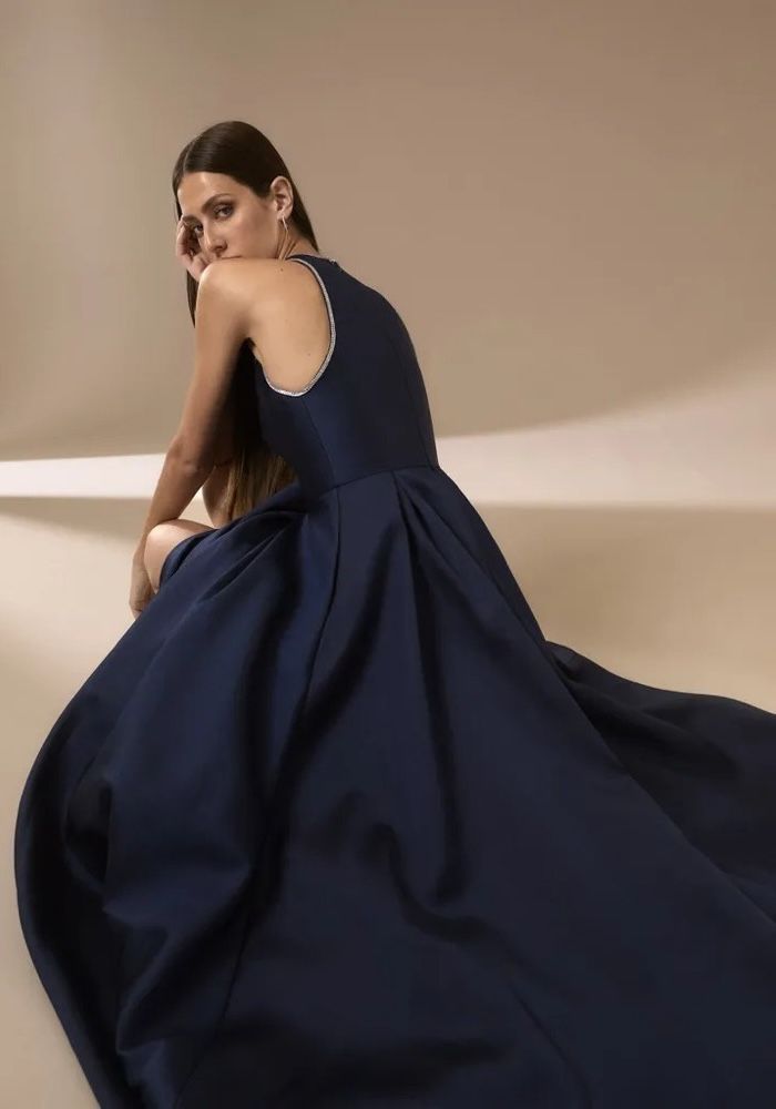 Nicole Milano NAYOMI Beaded Navy Blue Crepe Gown HK | DBR Weddings