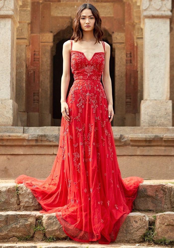 Red beaded best sale evening gown