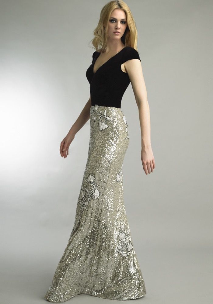 Silver Sequined Gown With Velvet Top ...
