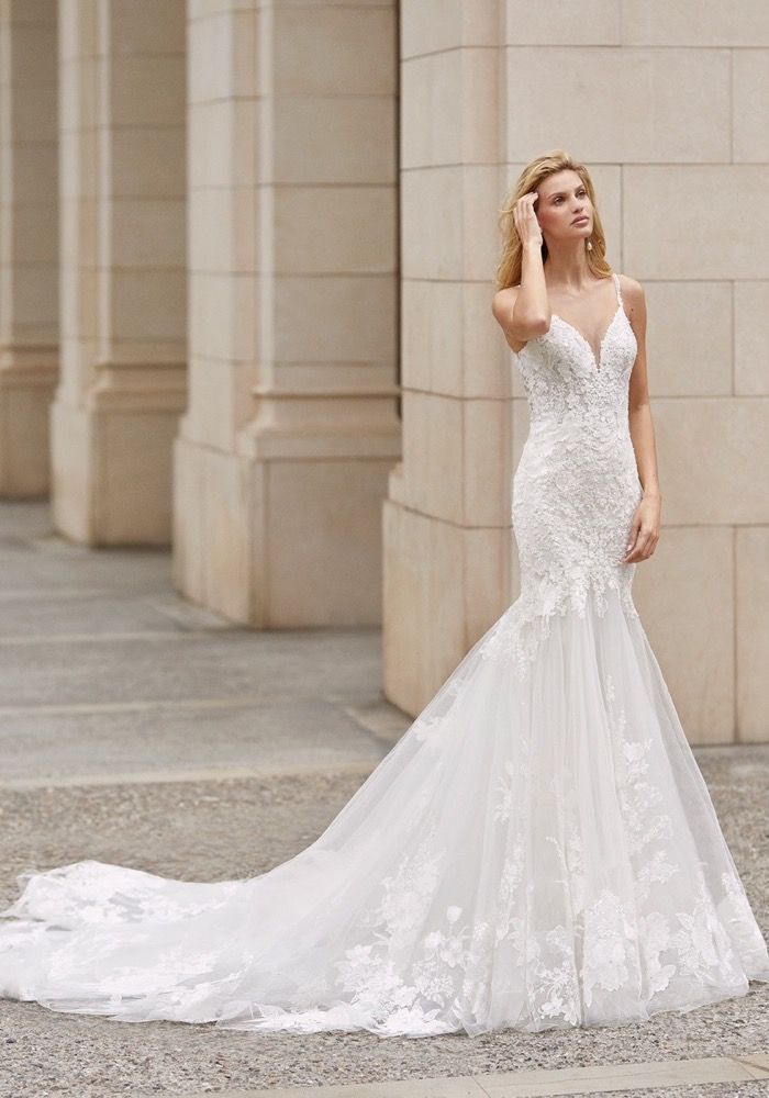 Val Stefani Vienna D8264 Ornate Lace Strapless Mermaid Wedding Gown with  Long Shaped Train