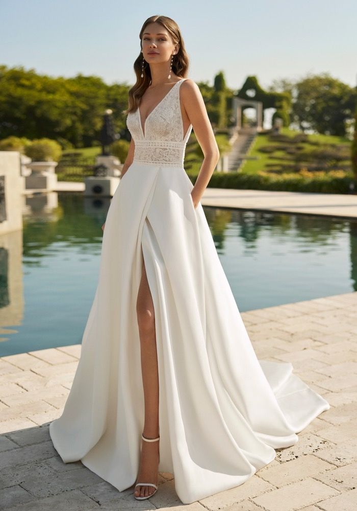 White Long A-line V-neck Satin Backless Wedding Dresses with Slit