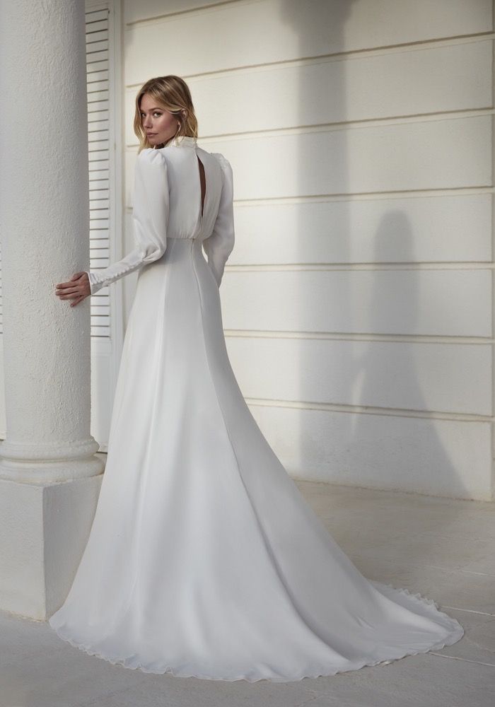 sachin and babi light blue dress Vintage High Neck Long Sleeve Chiffon Bridal Dress