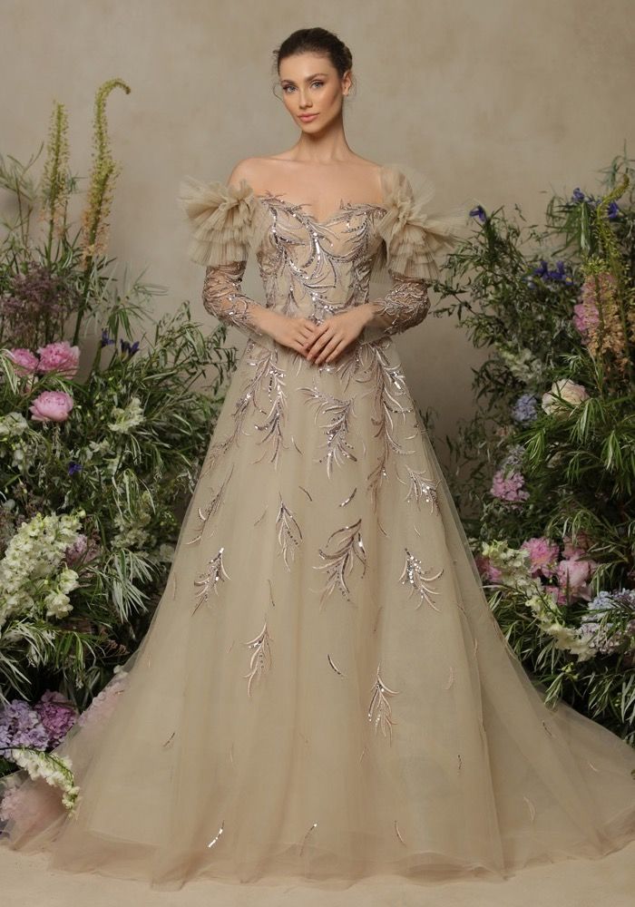 Embellished gown with sleeves hotsell