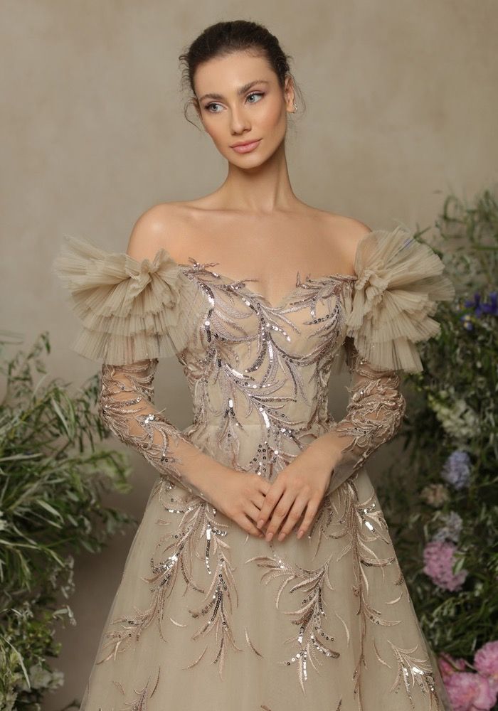 embellished long sleeve evening gown