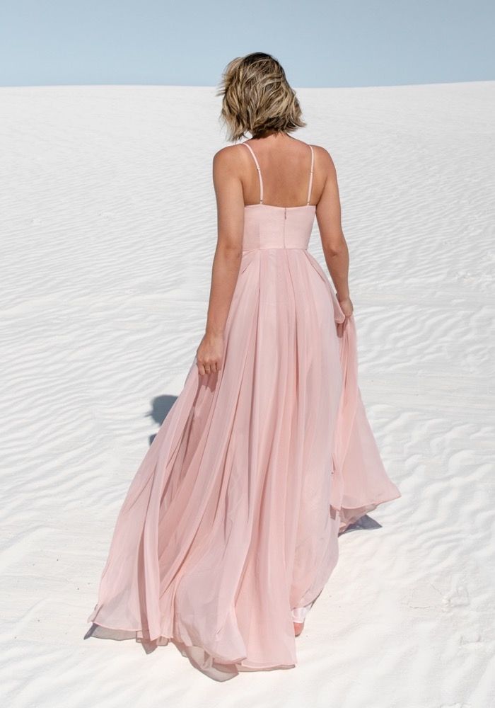 Bridesmaids Edie Flowing Pink Chiffon Gown HK DBR Weddings
