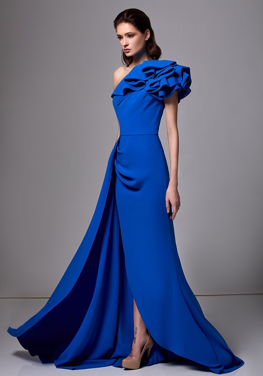 Edward Arsouni | Ruffle Shoulders Blue Crepe Slit Gown | HK | DBR Weddings