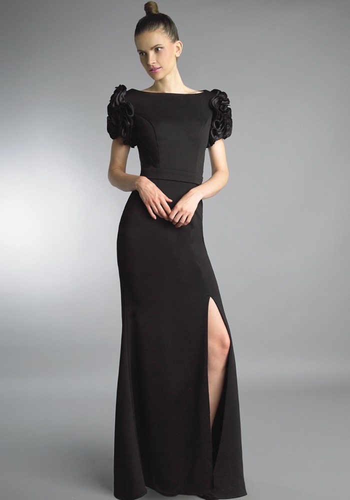 Black Crepe Slit Gown With Sleeves ...