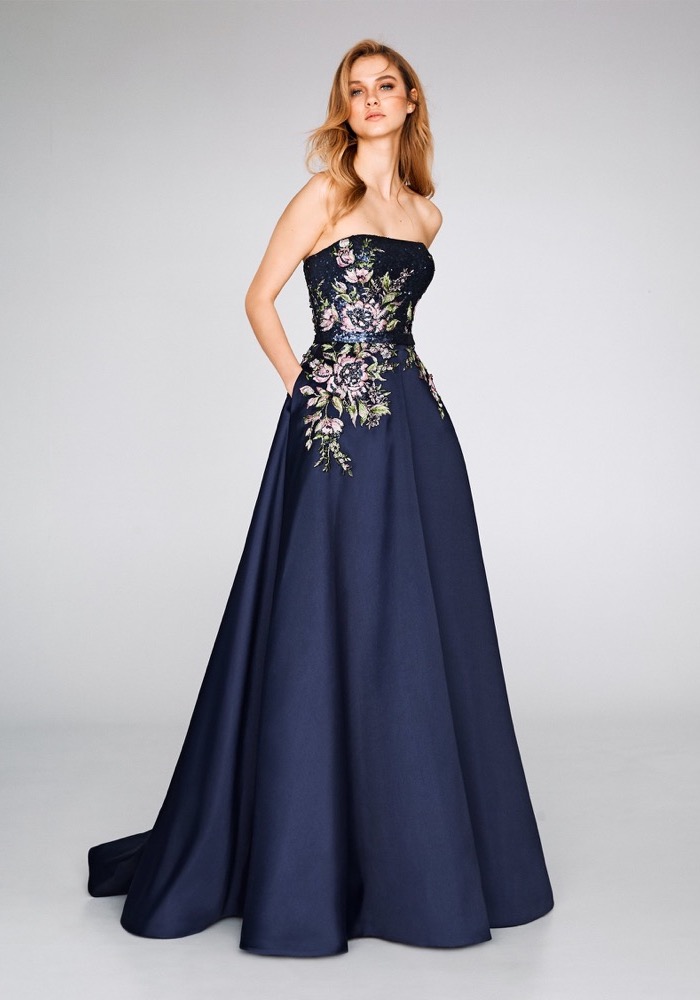 Beaded Floral Navy Blue Mikado Gown ...